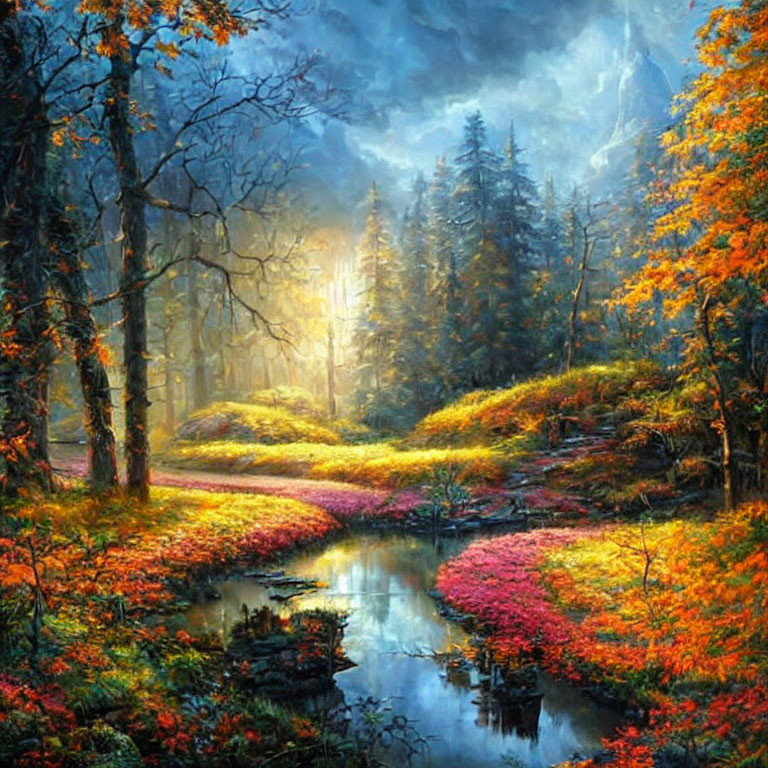 Colorful autumn forest with stream and sunlight rays
