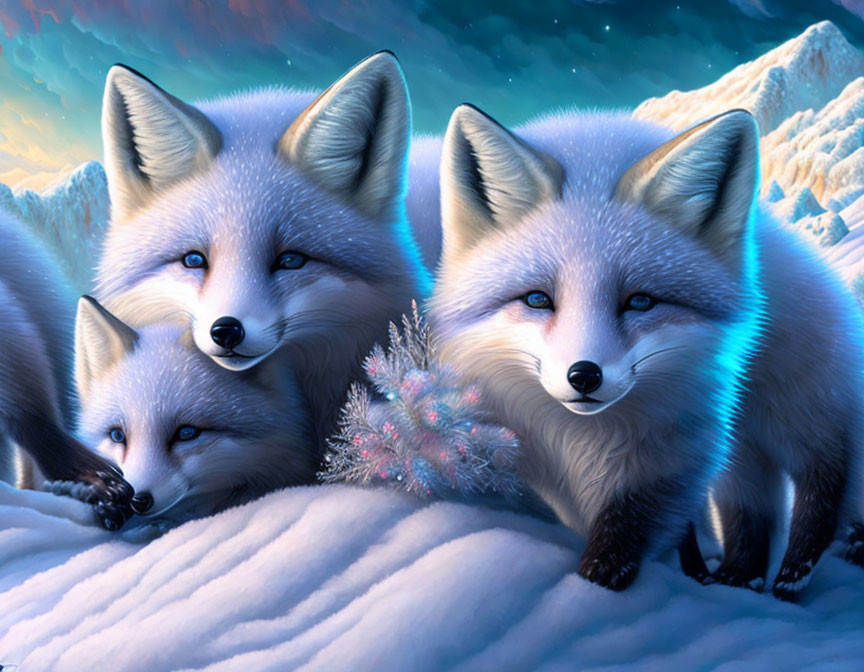 Photorealistic foxes with blue eyes on snow under starry sky