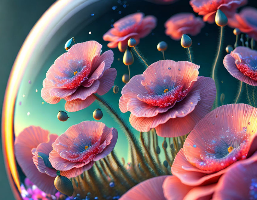 Vibrant coral-like flowers with dewdrops on spherical backdrop