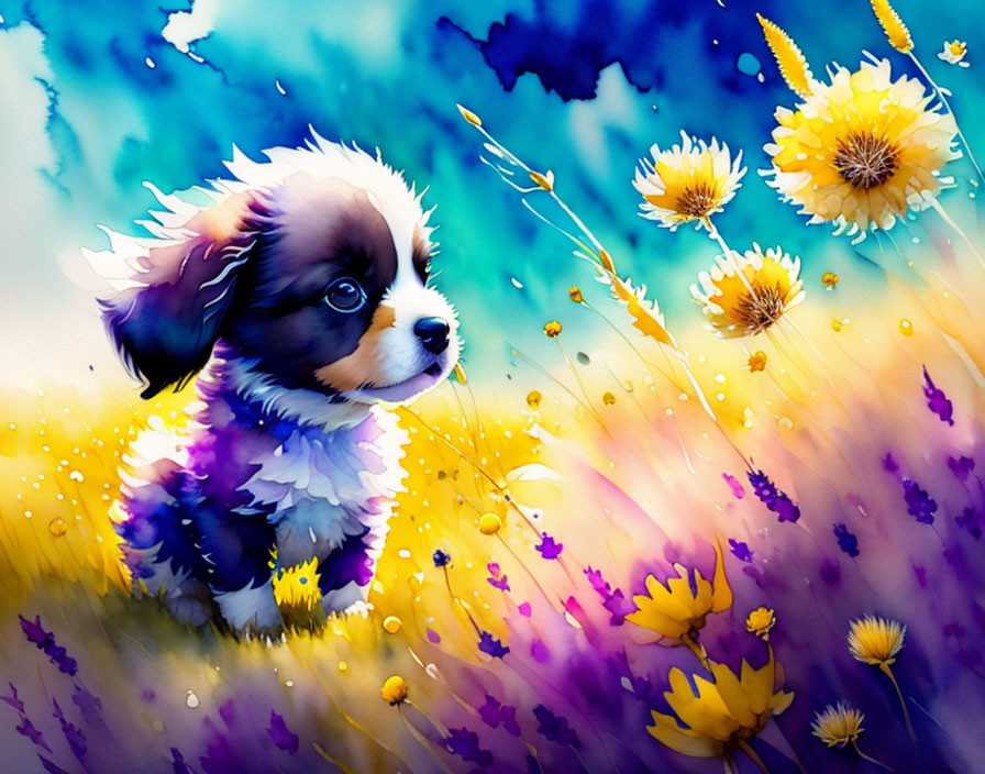 Vibrant Puppy in Yellow Flower Field with Blue and Purple Background