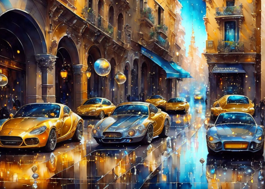 Luxury cars in vibrant street scene with sparkling lights and reflections
