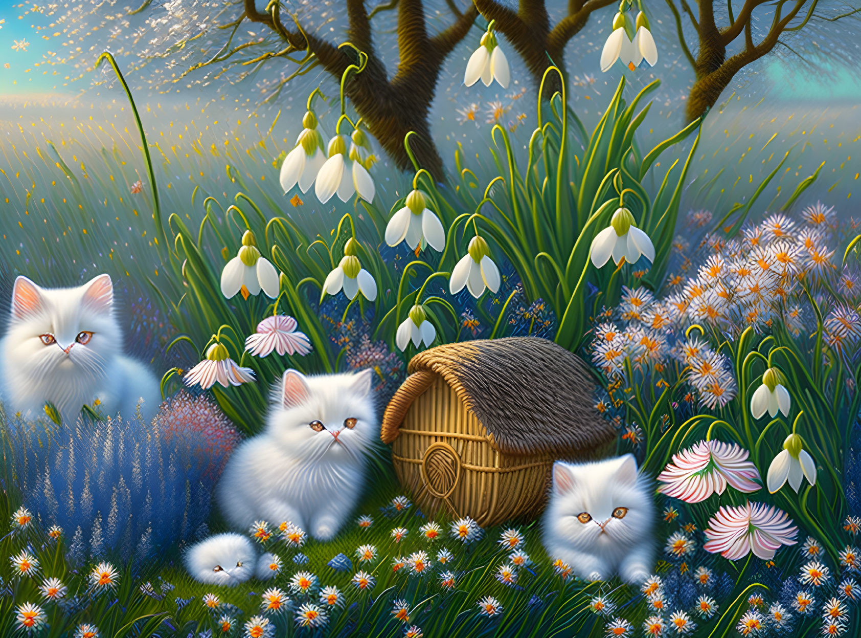 White Fluffy Cats with Woven Basket in Colorful Garden