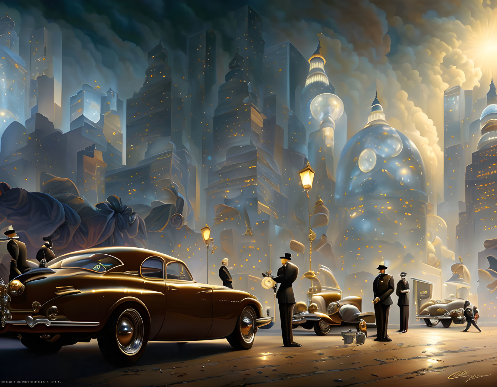 Vintage cars, stylish people, and art deco buildings in a retro-futuristic cityscape