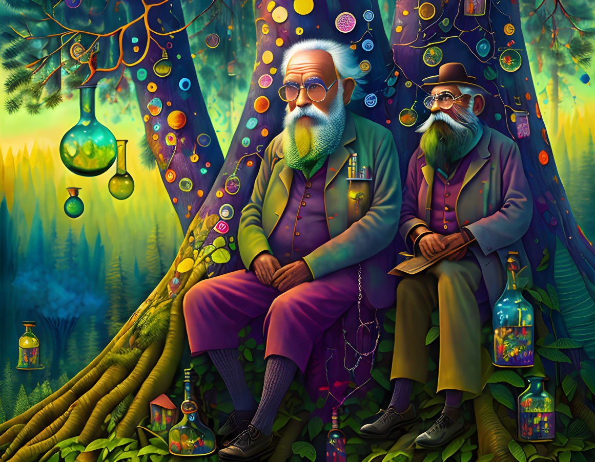Elderly men in fantastical forest with glowing jars