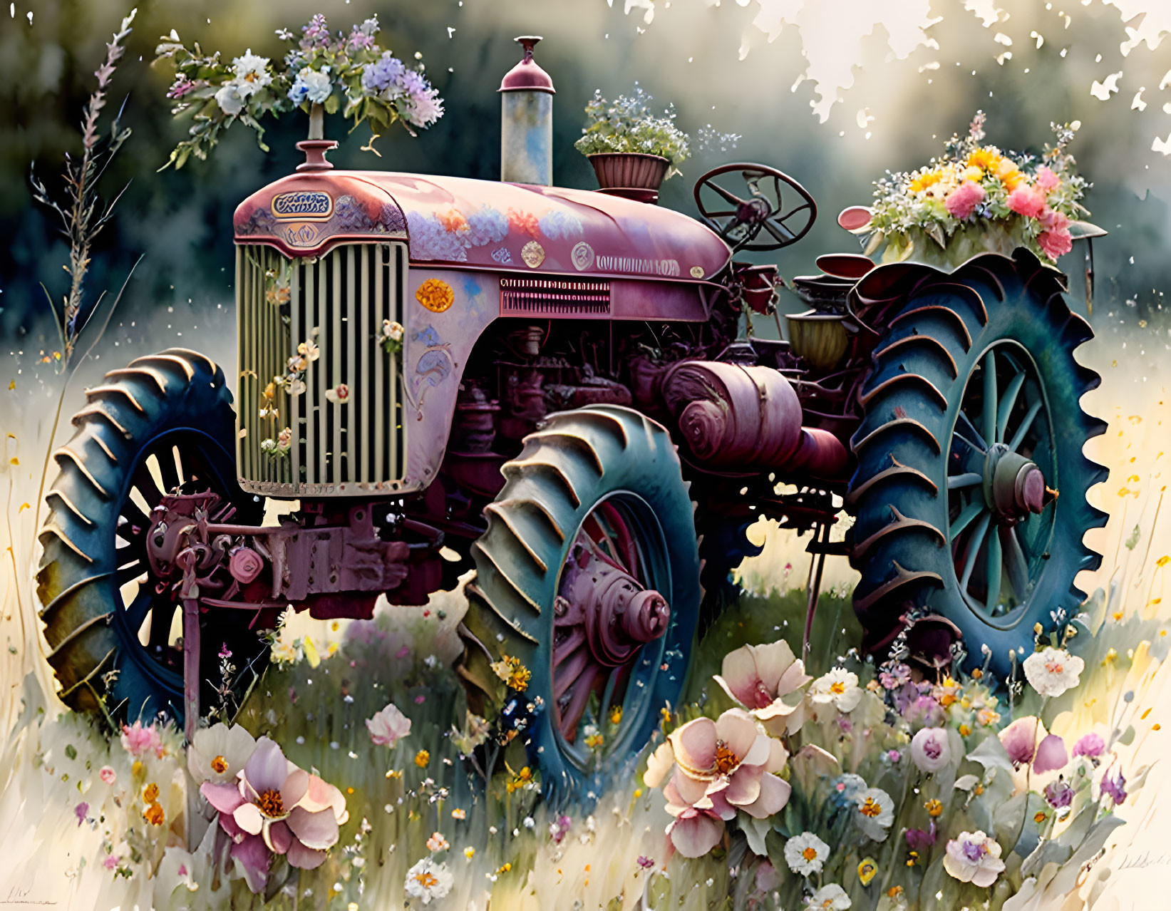 Vintage tractor in vibrant wildflower setting with rustic charm