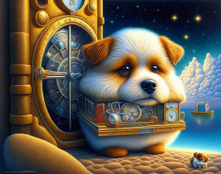 Whimsical painting of fluffy dog with replica in celestial setting