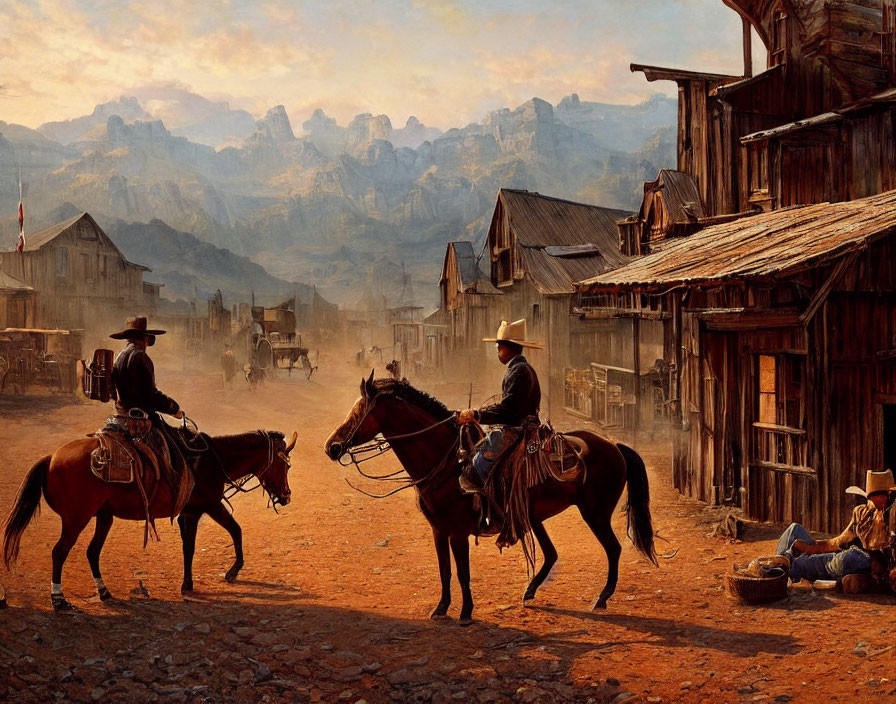 Cowboys on horses in dusty Western town with wooden buildings and mountains.