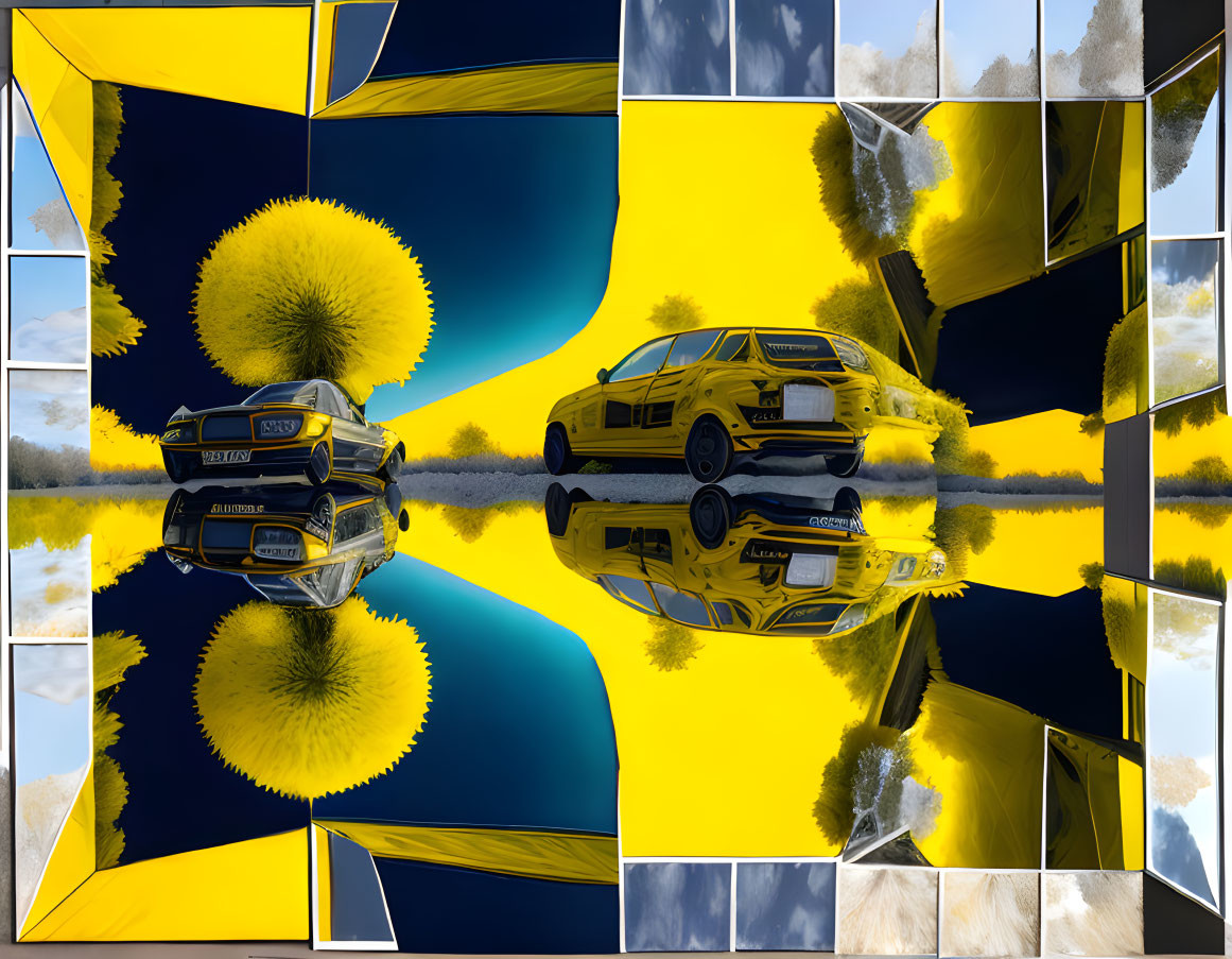Yellow sports car and dandelions mirrored on abstract blue and yellow background