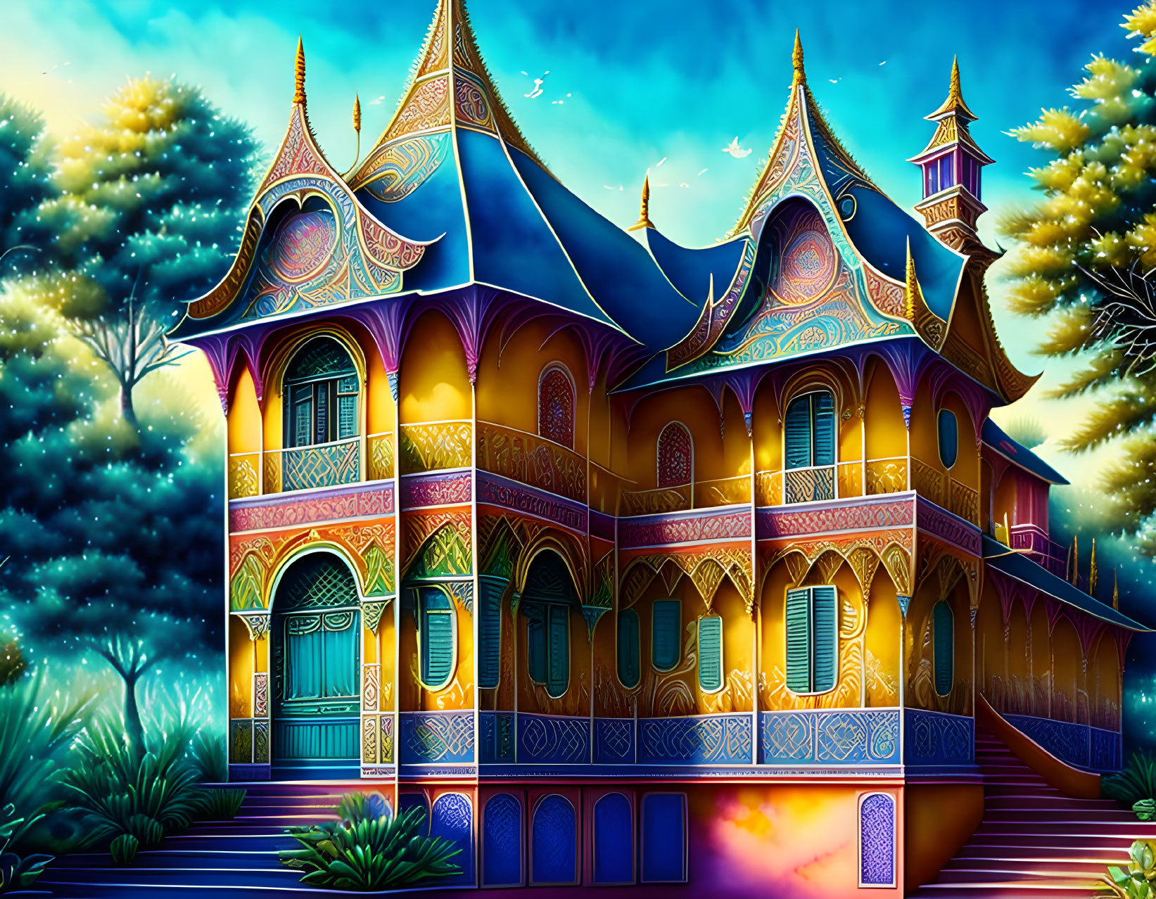 Colorful Fantasy House with Pointed Roofs in Twilight Sky