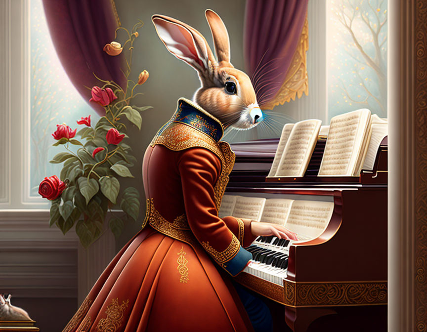 Anthropomorphic rabbit playing grand piano in historical attire