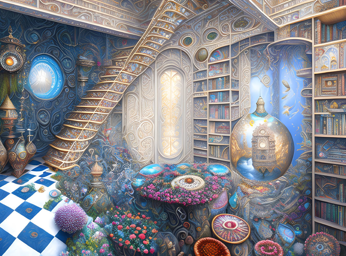 Fantastical library with spiraling staircases, flowering plants, floating orbs, intricate patterns