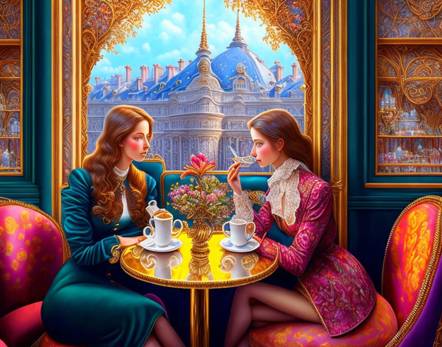Two women in elegant attire conversing at a table in lavishly decorated room