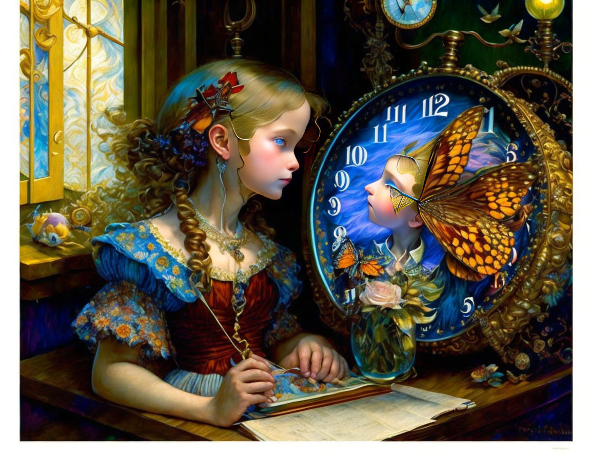Young girl with braid and butterfly clock in vibrant whimsical scene