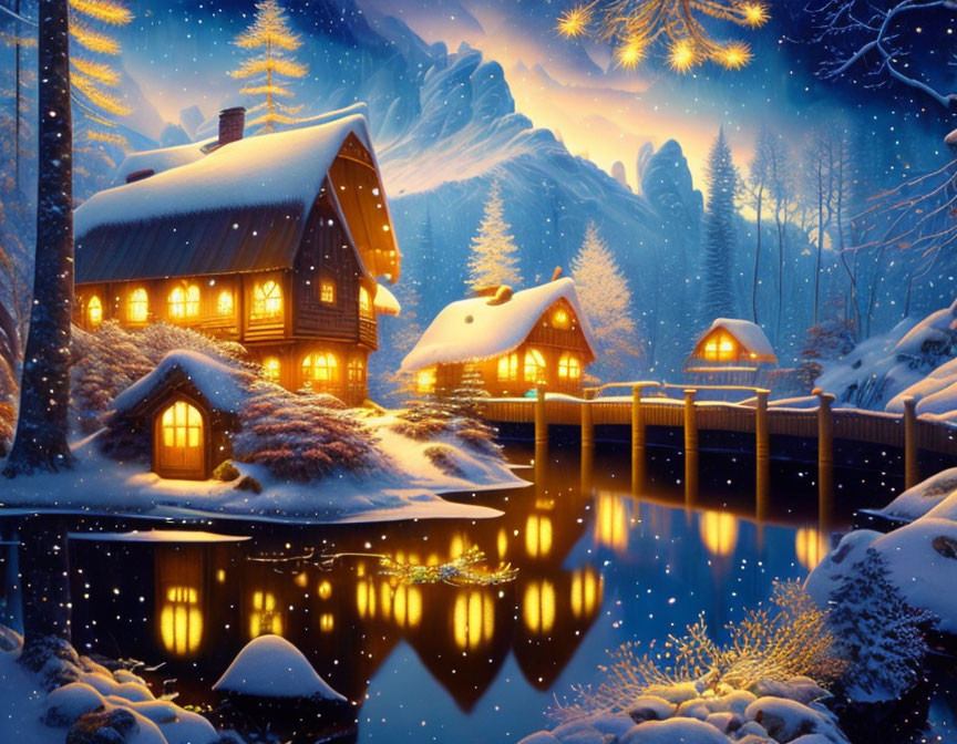 Snow-covered cottages by calm lake in serene winter night scene
