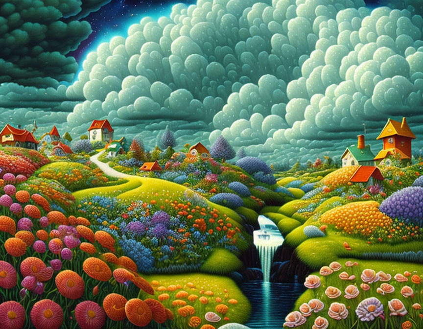 Colorful landscape with whimsical houses, lush hills, waterfall, and puffy clouds