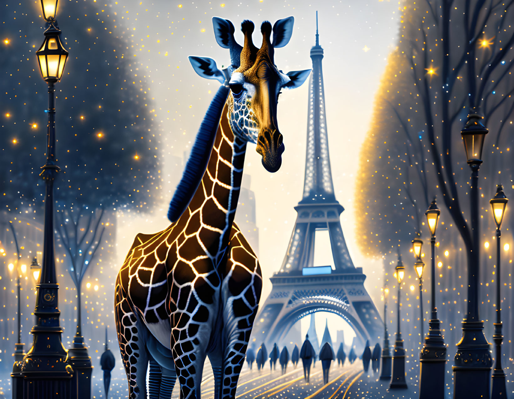 Giraffe next to Eiffel tower