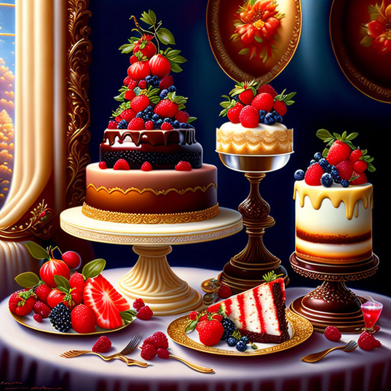 Assortment of Decadent Desserts with Cakes and Fruits