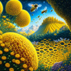 Colorful painting of bee-friendly landscape with dandelions, bees, honeycombs, and star