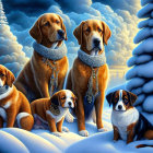 Four Dogs in Scarves in Snowy Pine Tree Landscape
