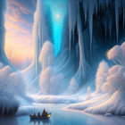 Snowy Winter River Scene with Boat and Northern Lights