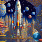 Colorful retro-futuristic rocket launching from fantastical city in whimsical artwork