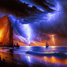 Dramatic coastal night scene with lightning, castle, sailboats, and starry sky
