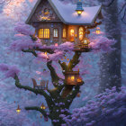 Glowing treehouse in cherry blossom twilight landscape