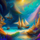 Colorful sailboats on undulating sea with whimsical clouds and radiant sun