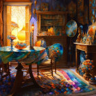 Cozy room with books, globe, and stained glass table in sunset light