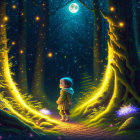 Child in Enchanted Forest with Glowing Trees and Fireflies