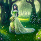 Woman in Green Gown Stands in Magical Forest