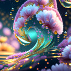 Colorful digital art: Whimsical wave with pink flowers and gold accents