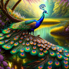 Colorful Peacock by Tranquil River in Enchanted Forest