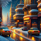Snowy Evening Cityscape with Vintage Cars and Illuminated Buildings