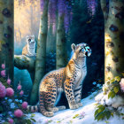 Magical forest illustration with snow leopards blending in and vibrant flora