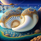 Surreal fractal landscape with ornate snail-like structures in blue waters