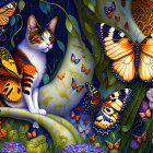 Colorful butterflies and vibrant flowers with two cats on dark, starry background