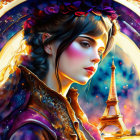 Blue-eyed woman in hat with Eiffel Tower backdrop and vibrant colors