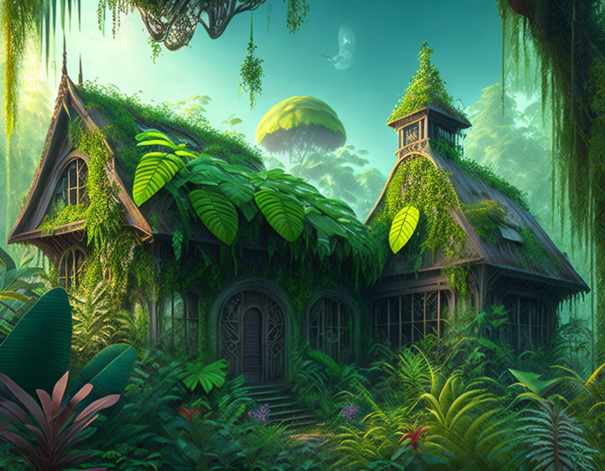 Enchanted forest cottage with overgrown greenery and glowing moon