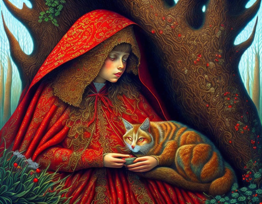 Detailed red cloak girl with apple and ginger cat in fantastical forest