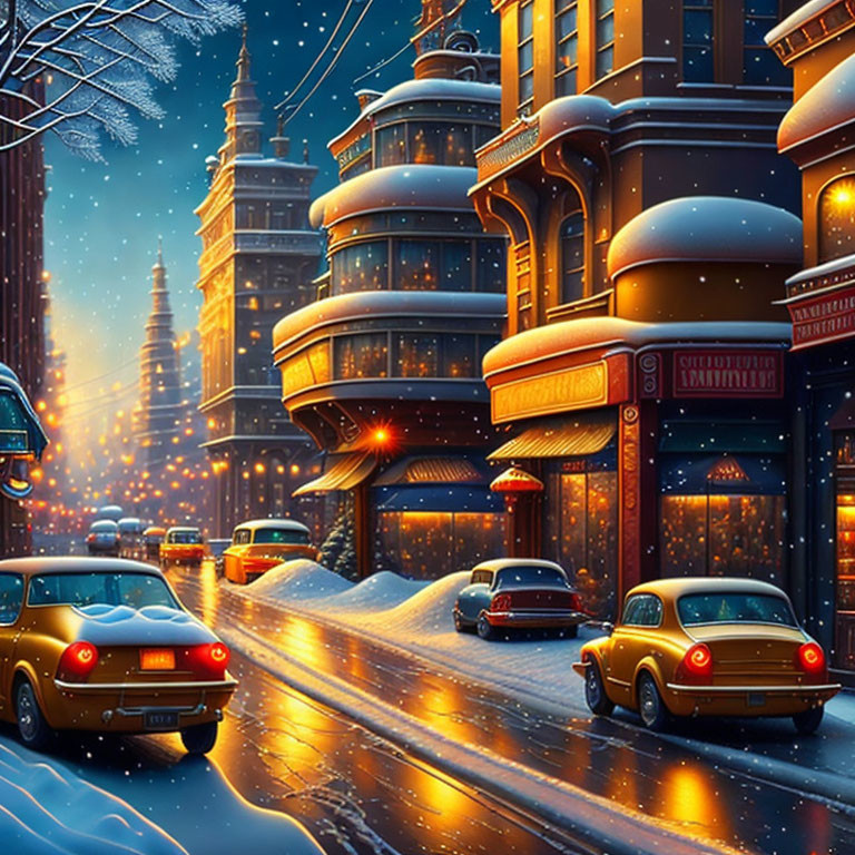 Snowy Evening Cityscape with Vintage Cars and Illuminated Buildings