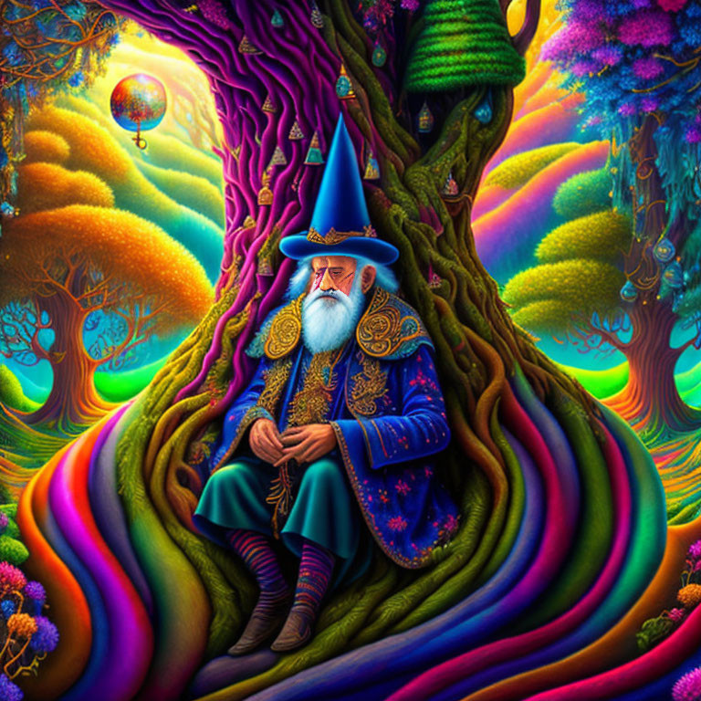 Vivid illustration of wizard in blue & gold robes by whimsical tree