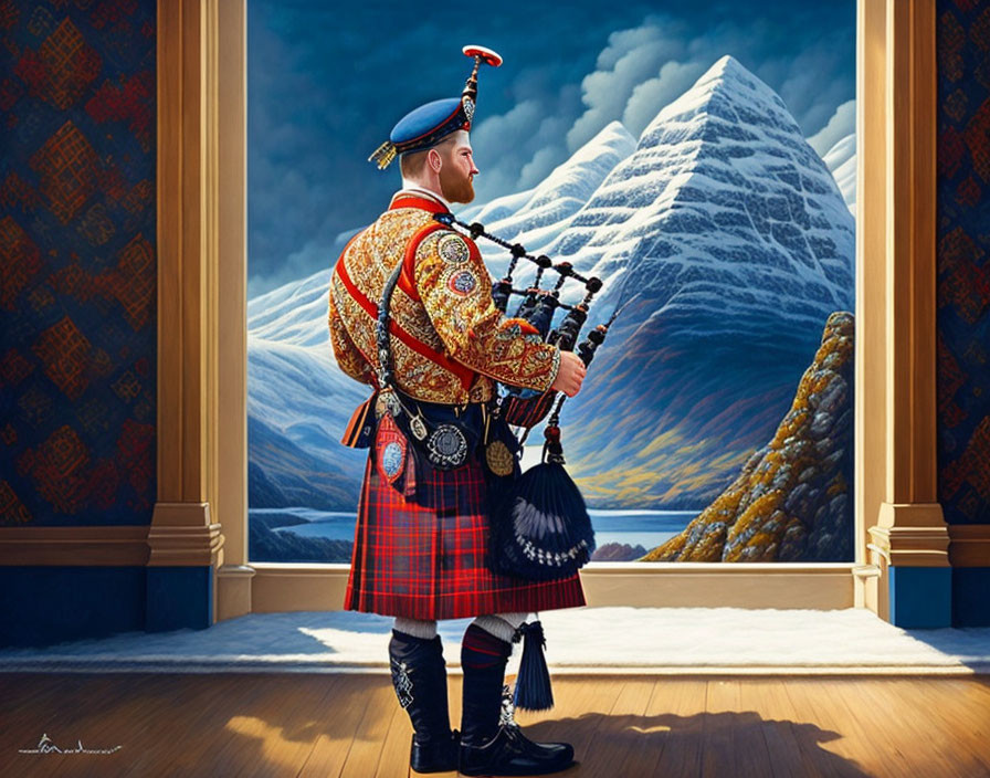 Traditional Scottish Attire Bagpiper Looking at Snow-Capped Mountain