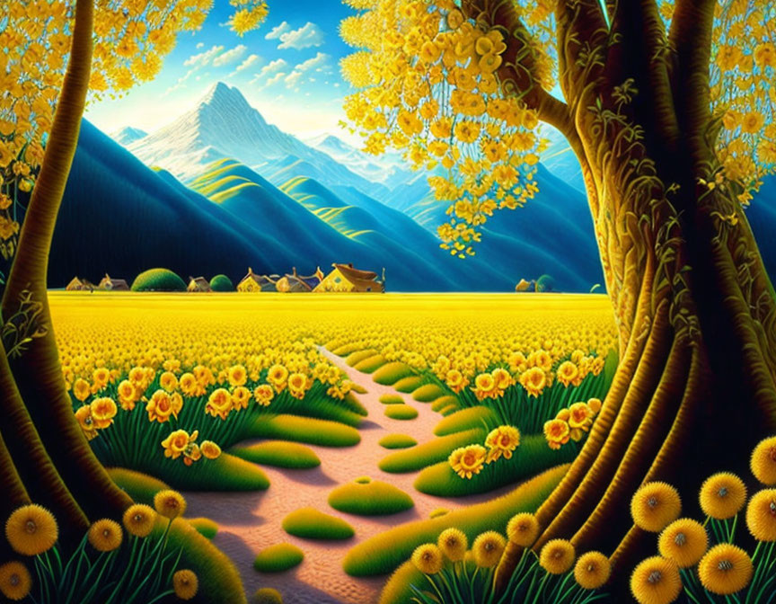 Lush field with yellow flowers, trees, mountains, and house under blue sky
