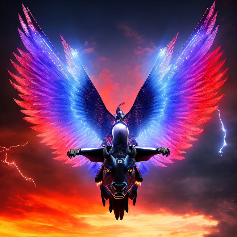 Majestic bull with glowing wings soaring in dramatic sky