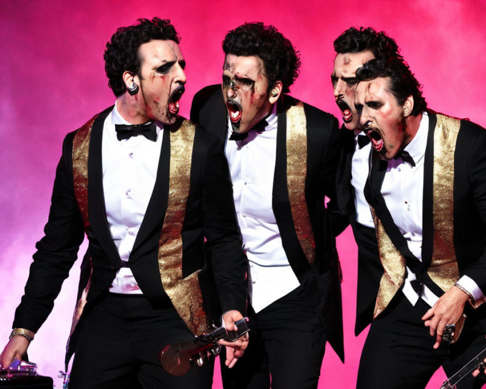 Four Men in Black Tuxedos with Gold Trim Performing Energetically on Pink Background
