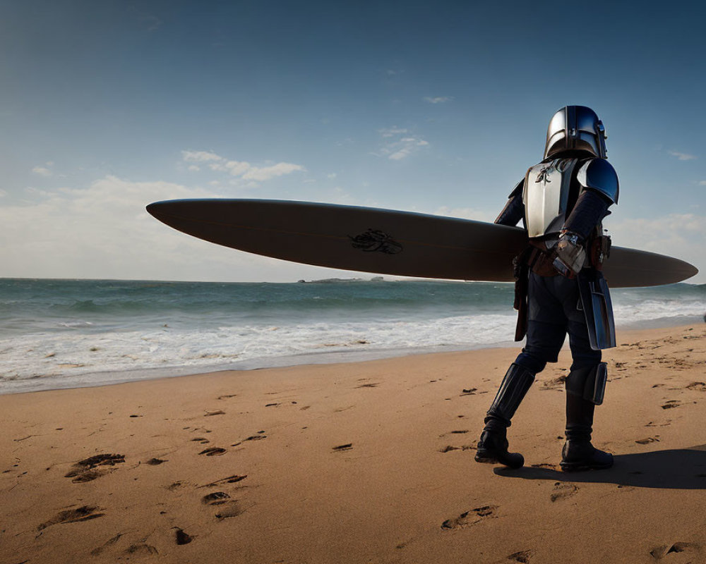Sci-fi character in full-body armor with surfboard on beach by ocean