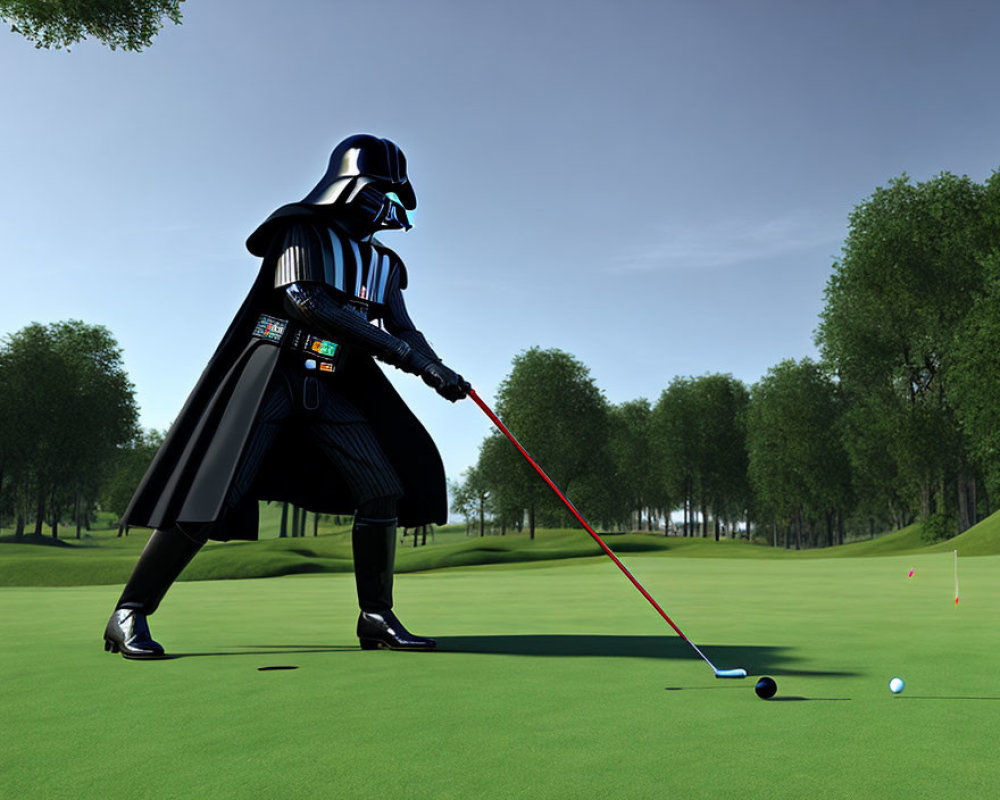 Darth Vader playing golf on lush green course