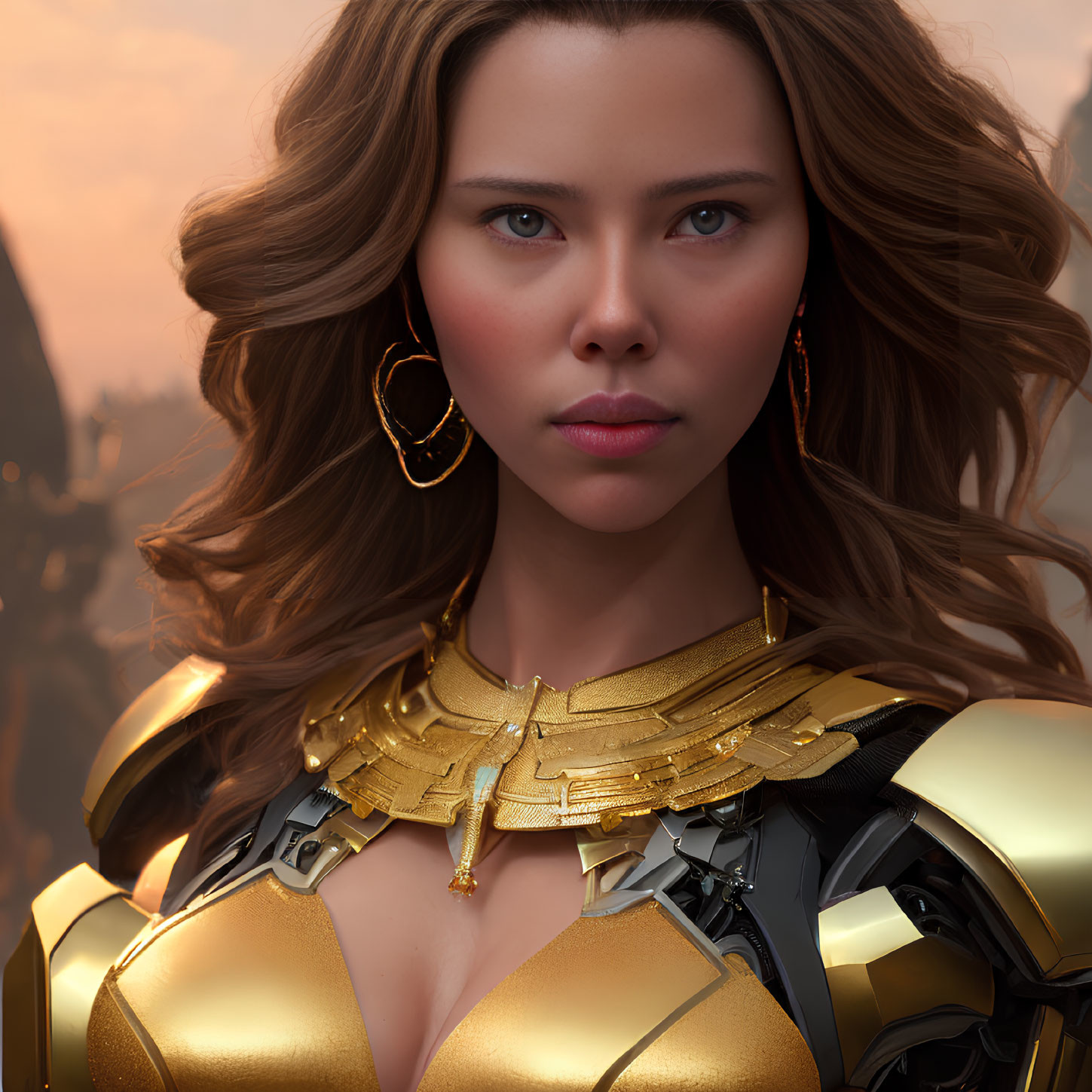 Golden armor woman with flowing hair and hoop earrings in focused expression on amber backdrop