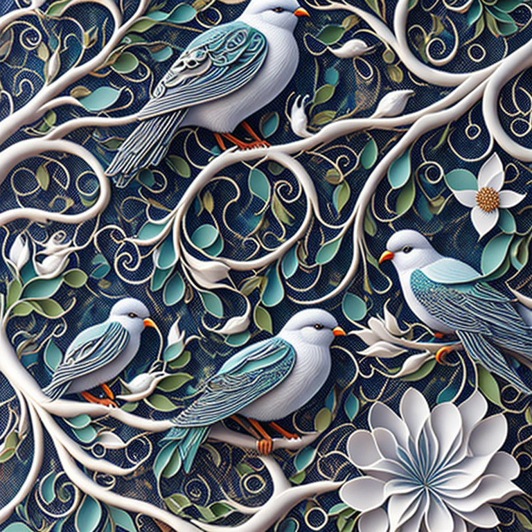Detailed artwork of stylized doves on swirling vines with white flowers and patterned background